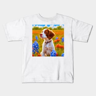 Brittany Puppy in Texas Wildflower Field Kids T-Shirt